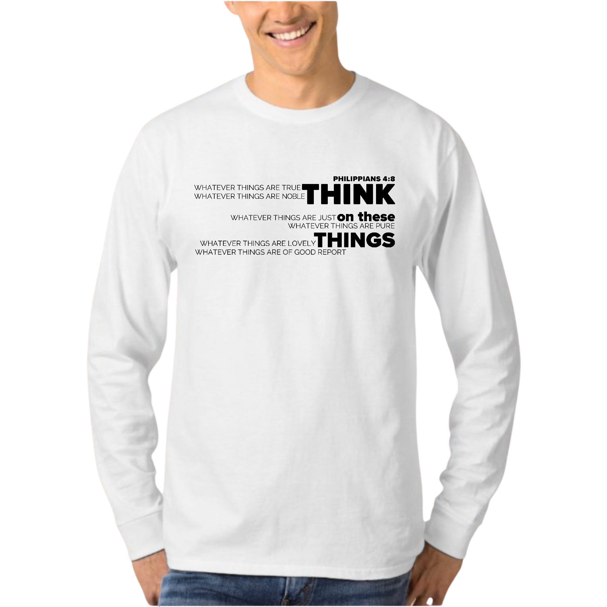 Men's Long Sleeve Graphic T-shirt in black featuring the 'Think on these Things' scripture quote, made from soft preshrunk cotton.