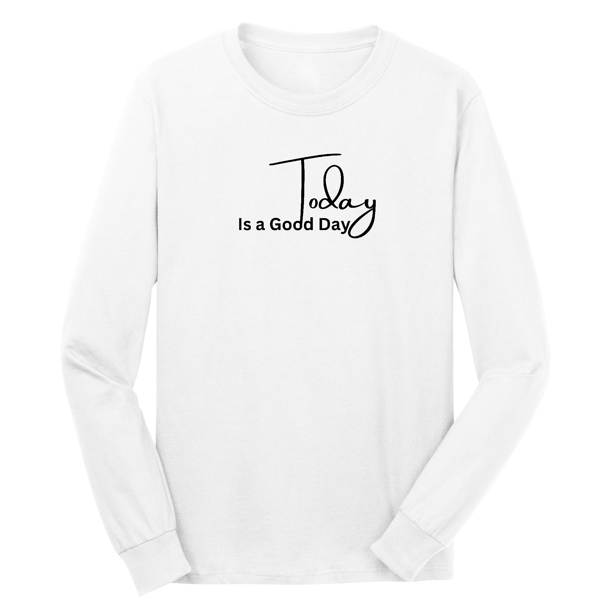 Men's Long Sleeve Graphic T-shirt featuring 'Today is a Good Day' black illustration, made from soft preshrunk cotton.