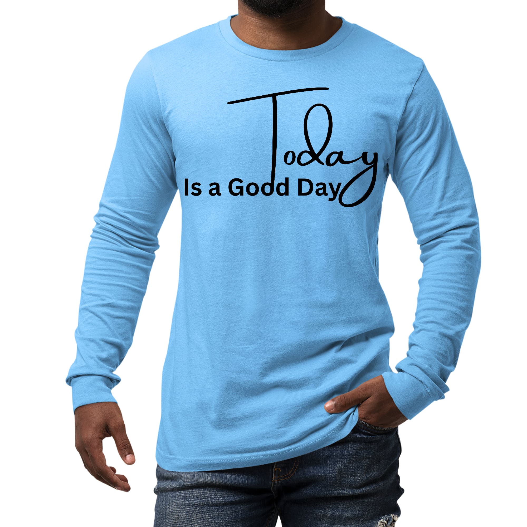 Men's Long Sleeve Graphic T-shirt featuring 'Today is a Good Day' black illustration, made from soft preshrunk cotton.
