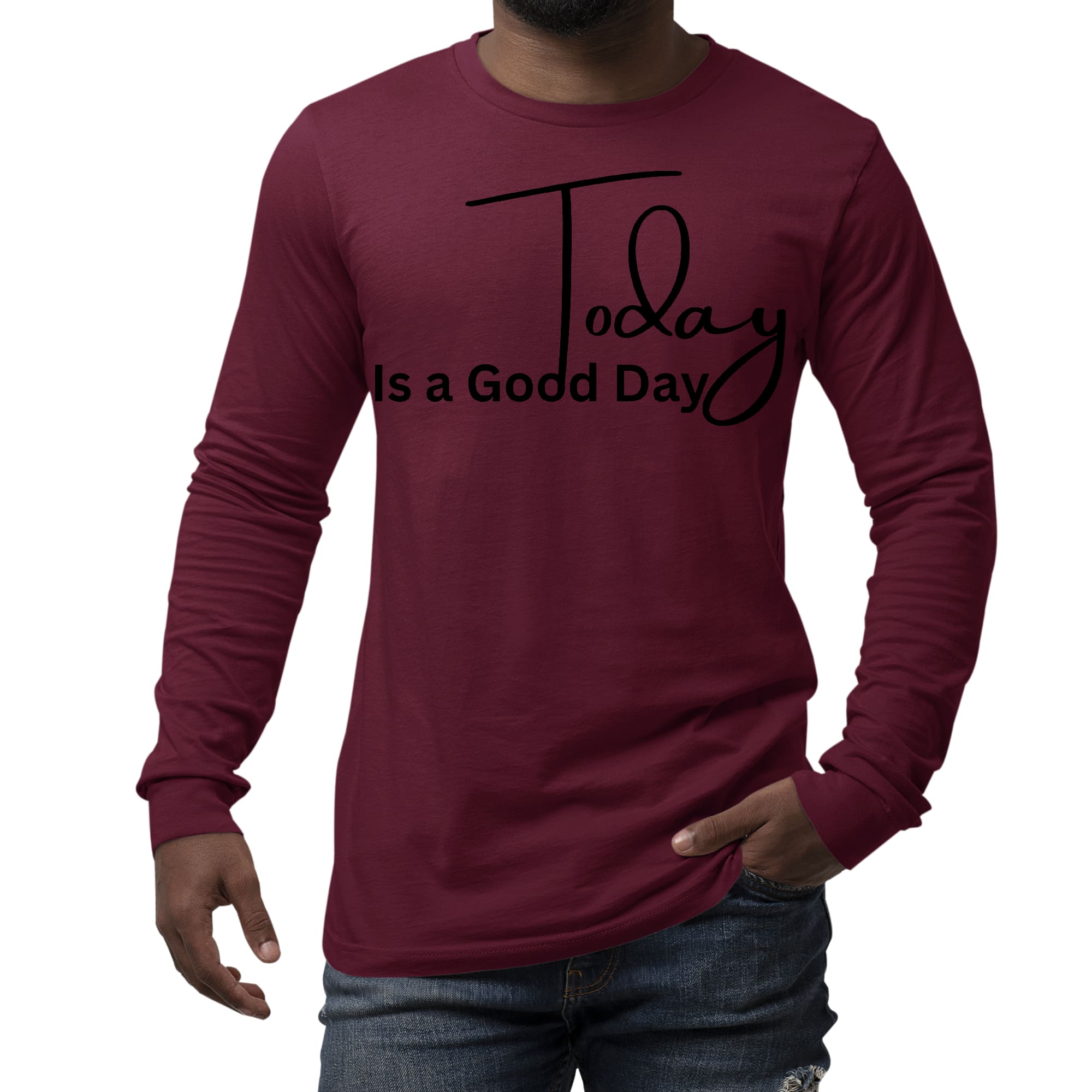 Men's Long Sleeve Graphic T-shirt featuring 'Today is a Good Day' black illustration, made from soft preshrunk cotton.