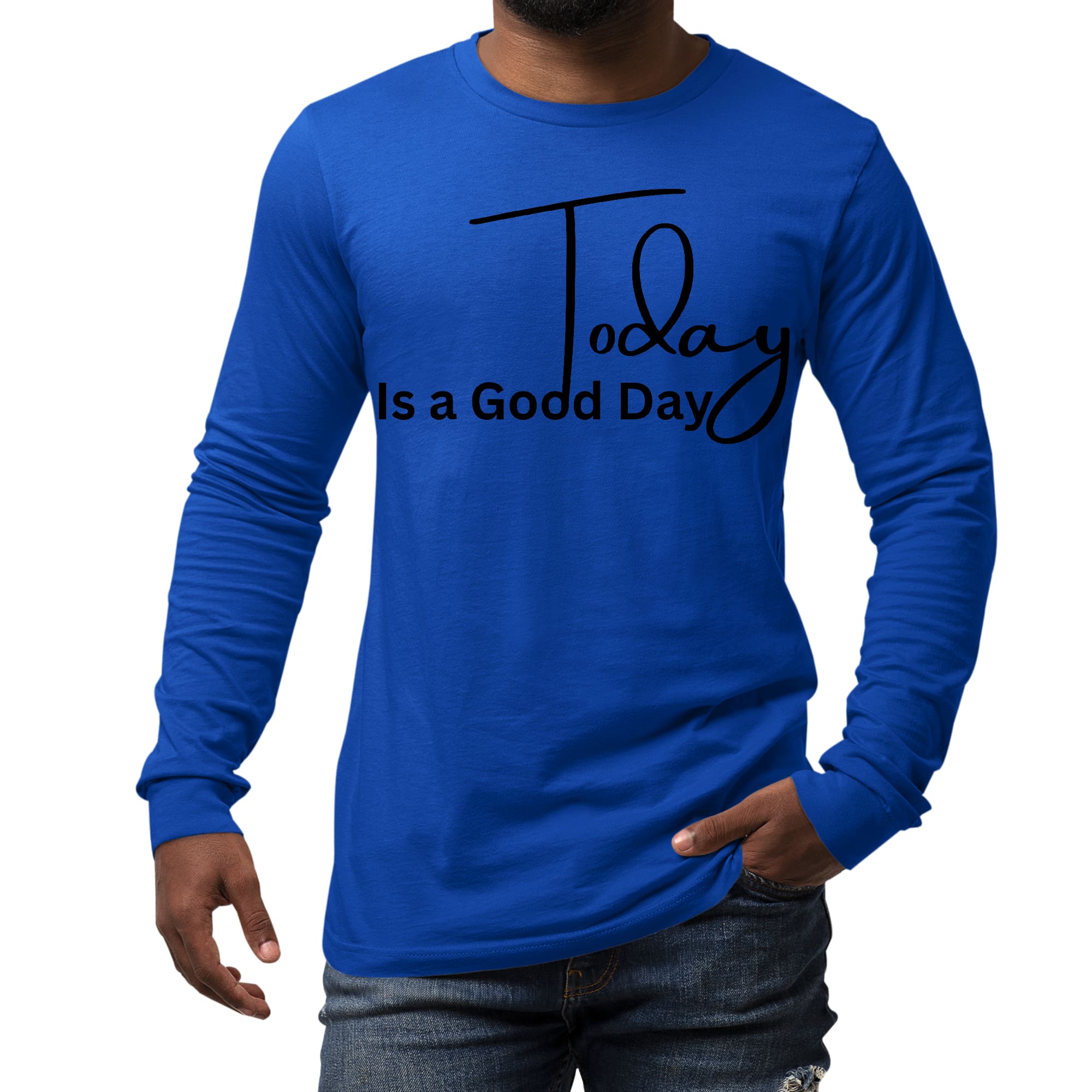 Men's Long Sleeve Graphic T-shirt featuring 'Today is a Good Day' black illustration, made from soft preshrunk cotton.