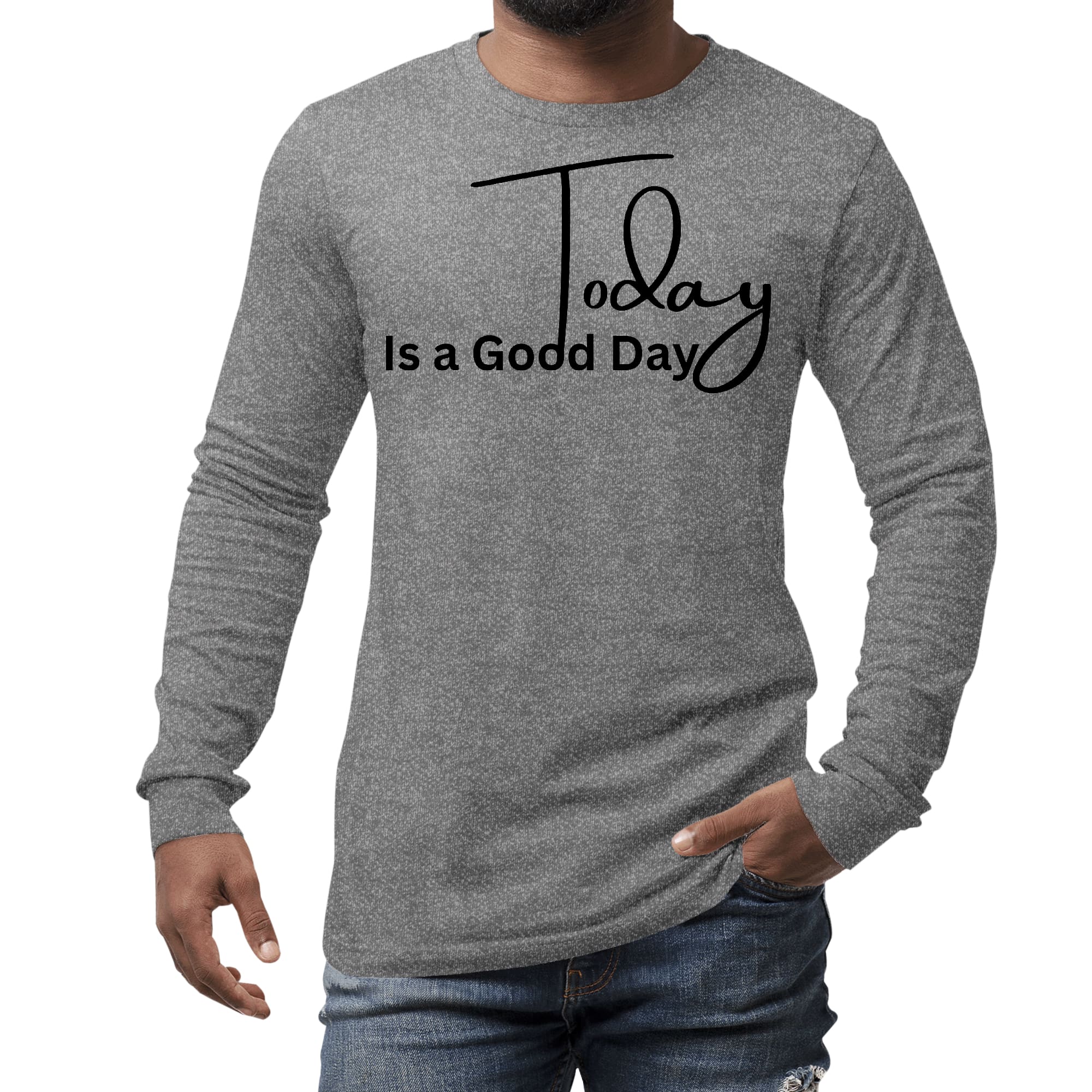 Men's Long Sleeve Graphic T-shirt featuring 'Today is a Good Day' black illustration, made from soft preshrunk cotton.