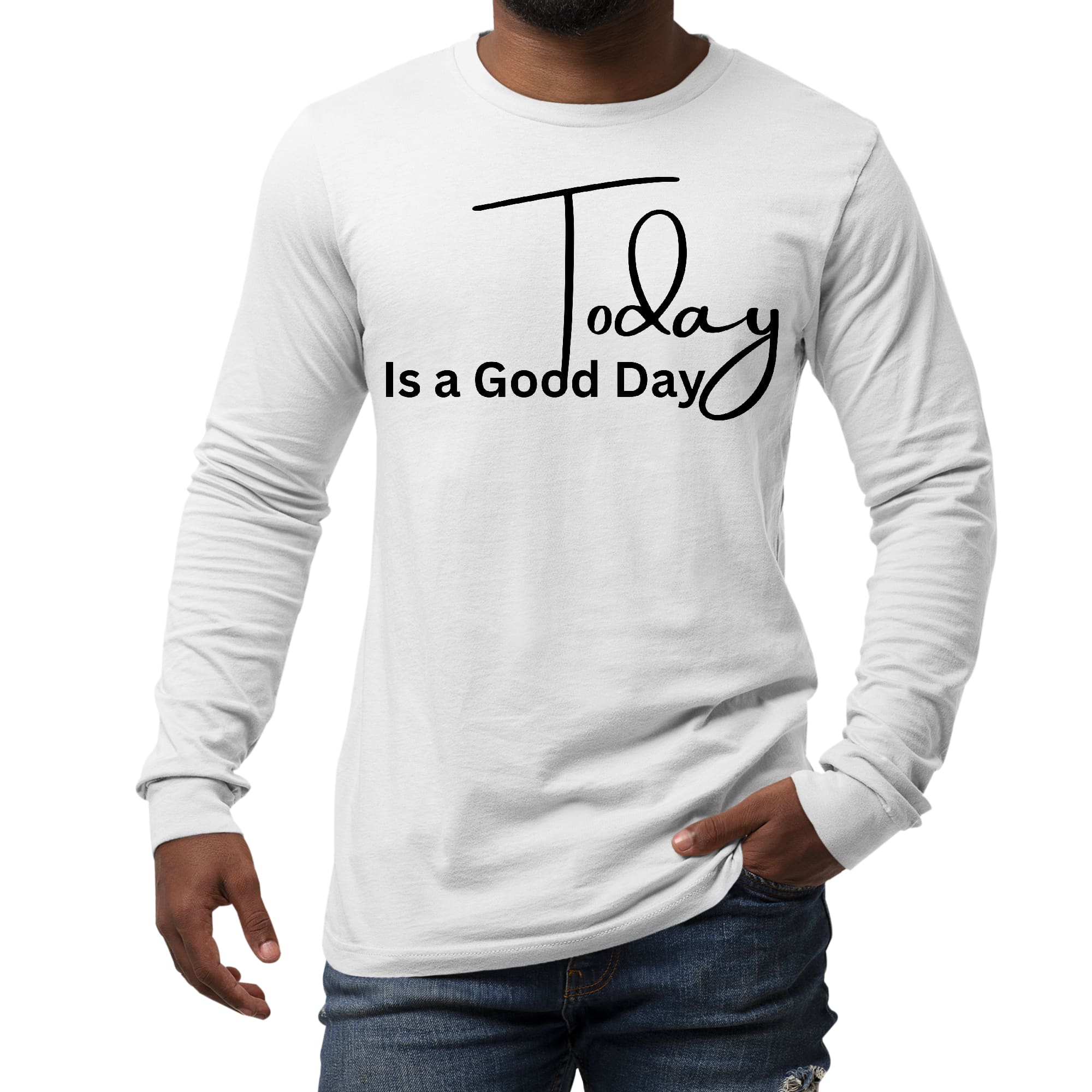 Men's Long Sleeve Graphic T-shirt featuring 'Today is a Good Day' black illustration, made from soft preshrunk cotton.