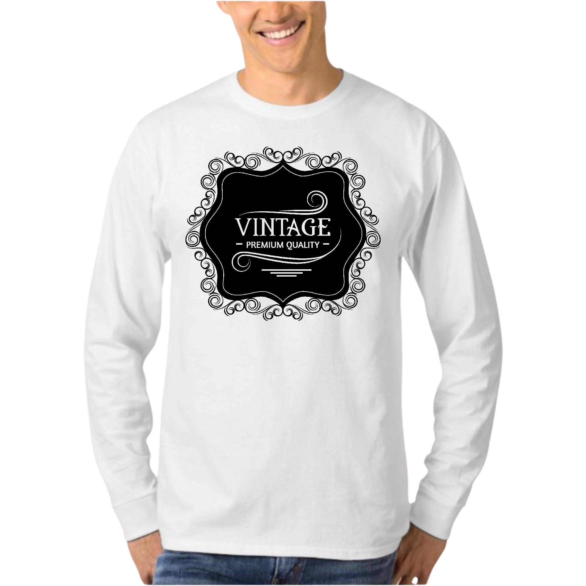 Men's Long Sleeve Graphic T-shirt in black with vintage design, showcasing soft cotton fabric and double-stitched seams.