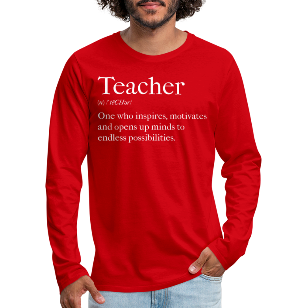 Men's long sleeve graphic tee featuring 'Teachers Inspire' design, showcasing soft cotton fabric and durable stitching.