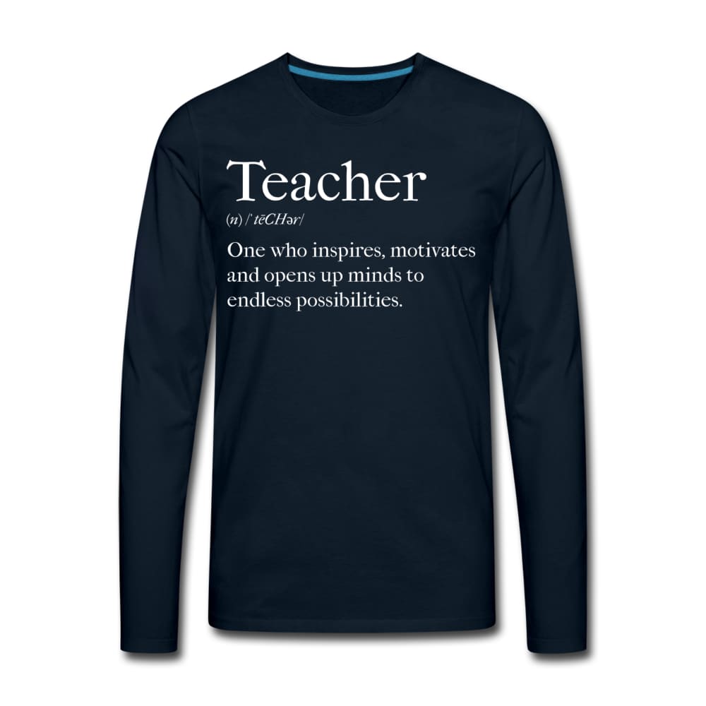 Men's long sleeve graphic tee featuring 'Teachers Inspire' design, showcasing soft cotton fabric and durable stitching.