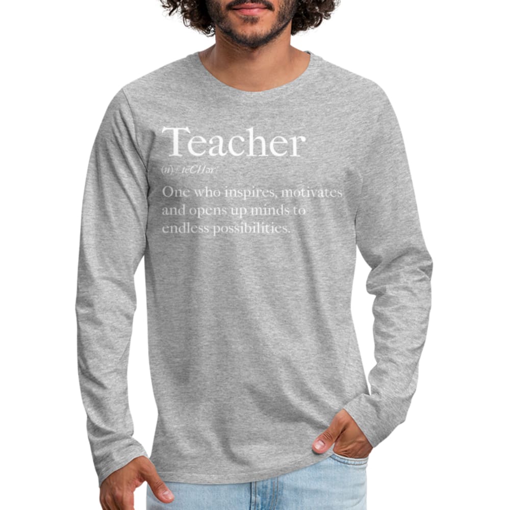 Men's long sleeve graphic tee featuring 'Teachers Inspire' design, showcasing soft cotton fabric and durable stitching.