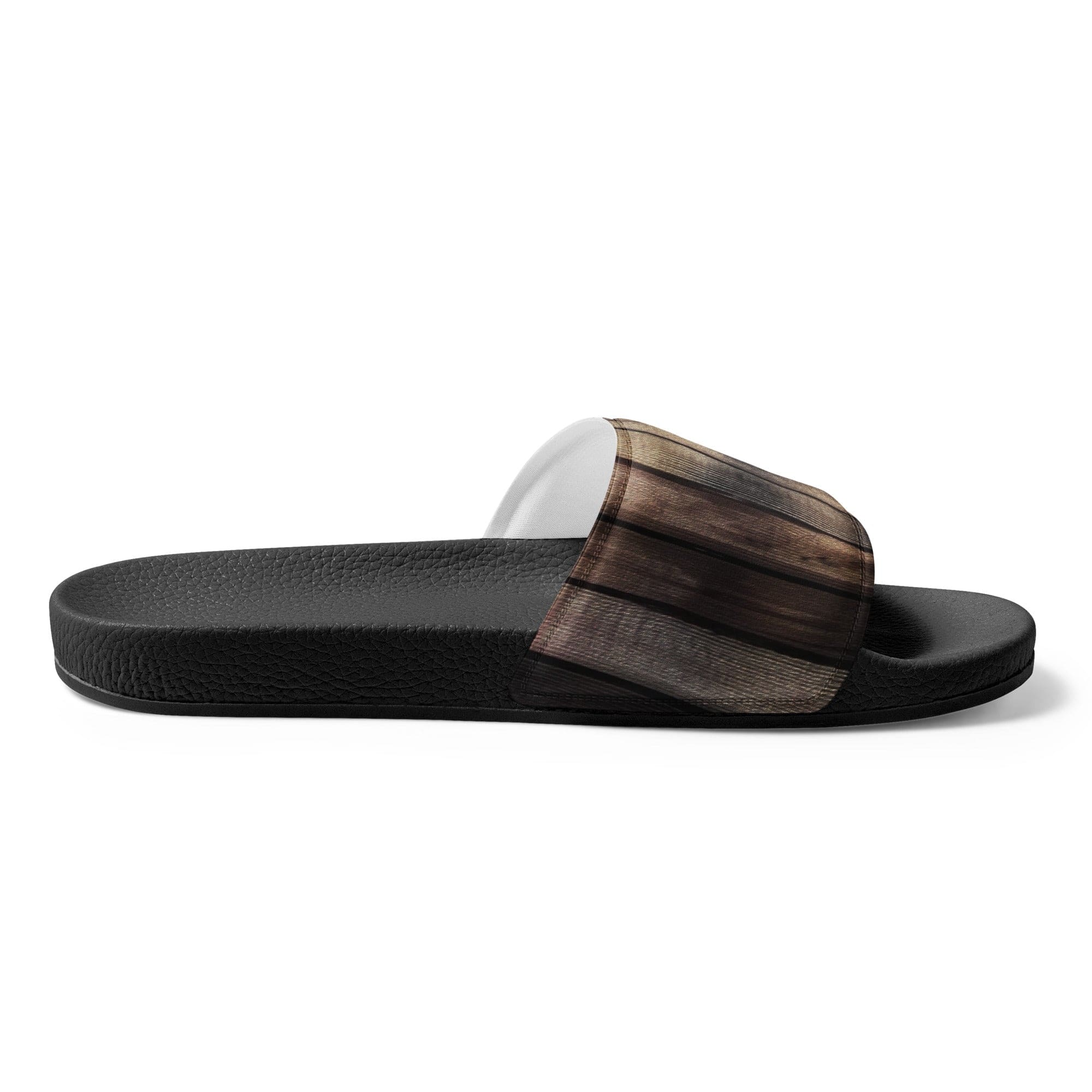 Men's slide sandals featuring a natural wood grain pattern, cushioned faux leather strap, and textured footbed, perfect for summer wear.
