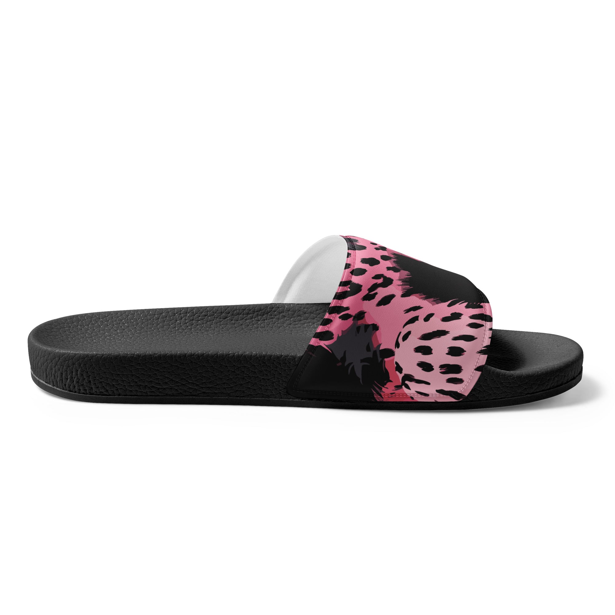 Men's slide sandals featuring a pink and black leopard spots illustration, designed for comfort and style.