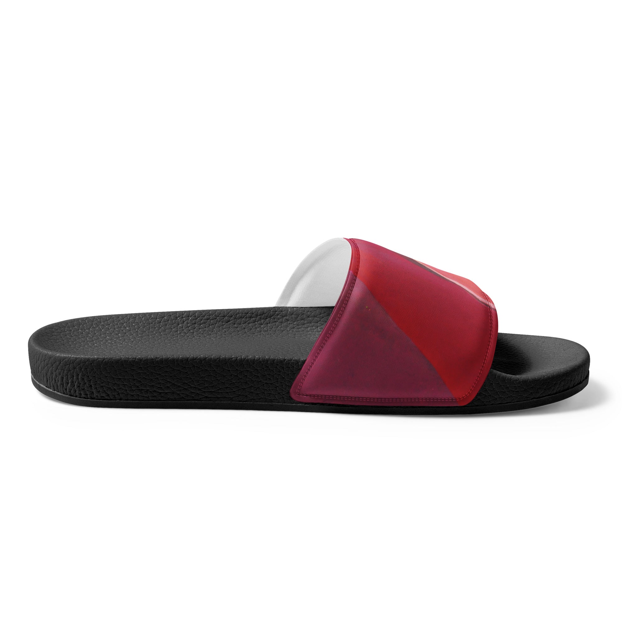 Men's slide sandals featuring a pink mauve red geometric pattern, designed for comfort and style with a cushioned strap and textured footbed.