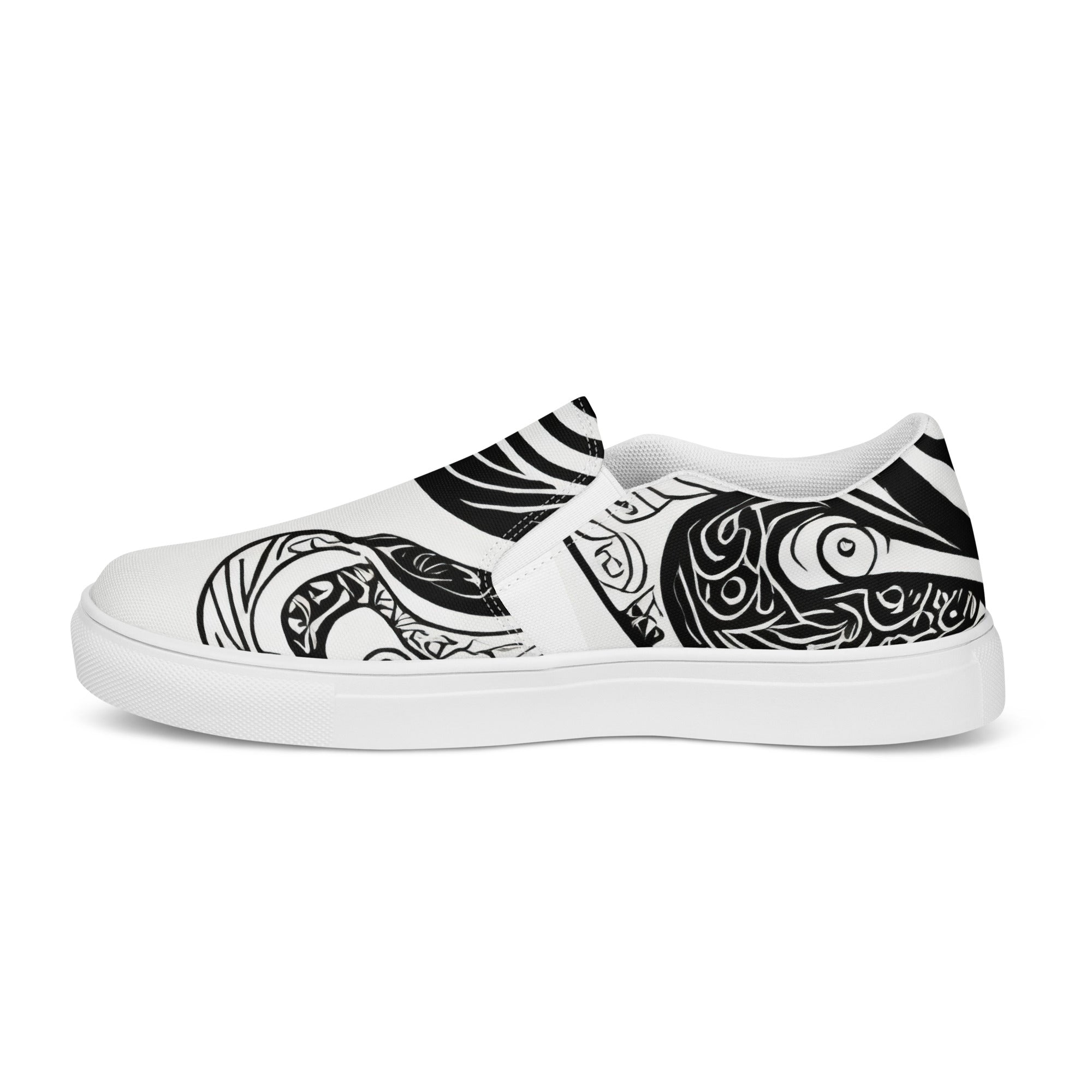 Mens slip-on canvas shoes featuring floral black line art print, designed for comfort and style.
