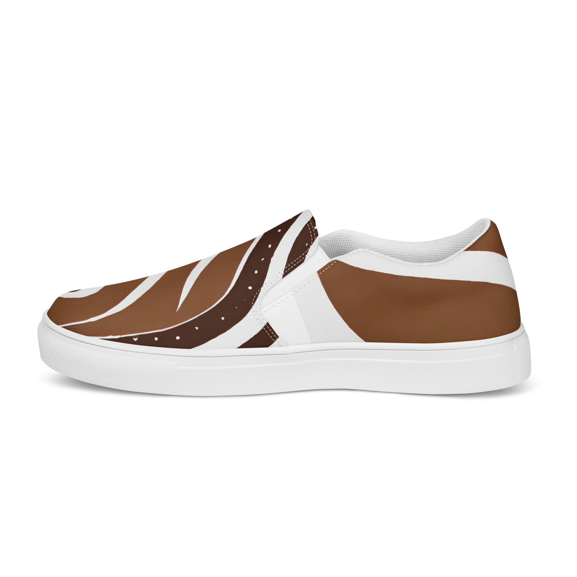 Mens slip-on canvas shoes featuring a floral brown line art print, designed for comfort and style.