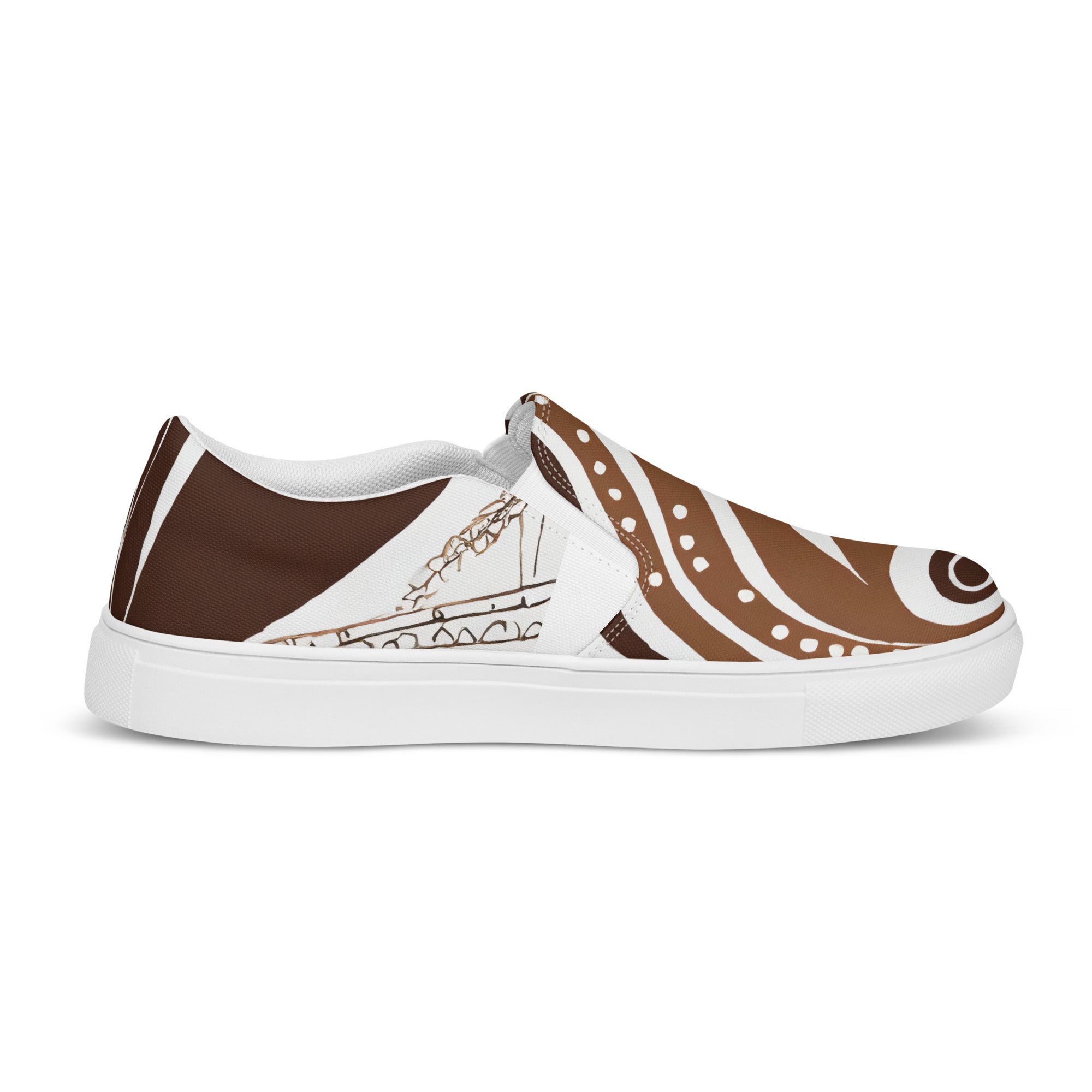 Mens slip-on canvas shoes featuring a floral brown line art print, designed for comfort and style.