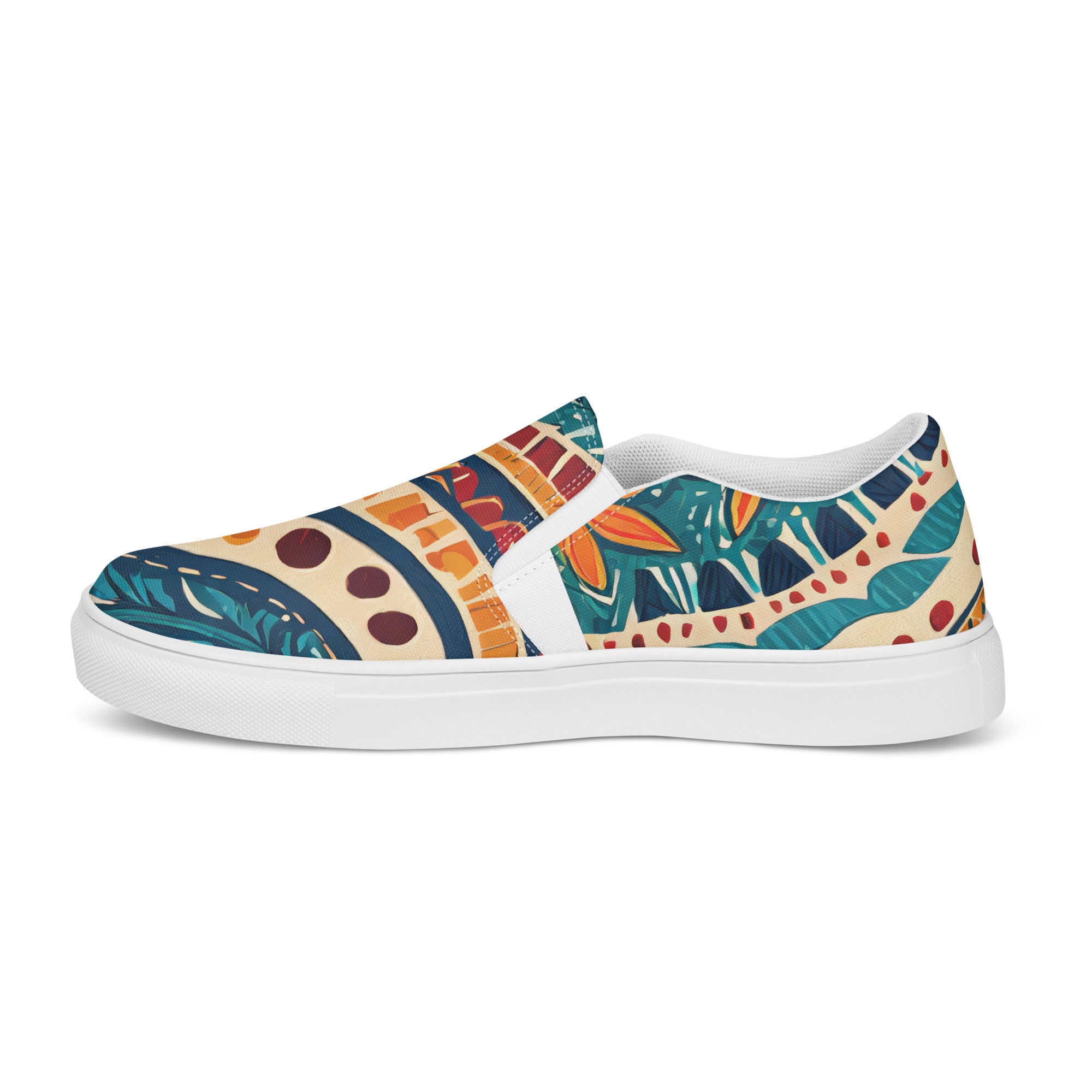 Mens slip-on canvas shoes featuring a vibrant tropical floral pattern, designed for comfort and style.