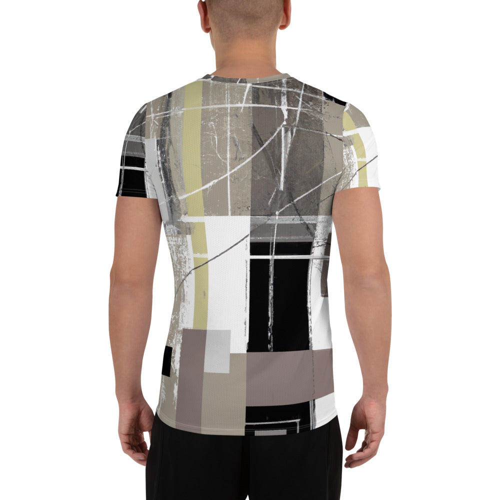 Men's Stretch Fit Athletic Sports T-shirt in abstract brown geometric design, showcasing its snug fit and high-quality fabric.