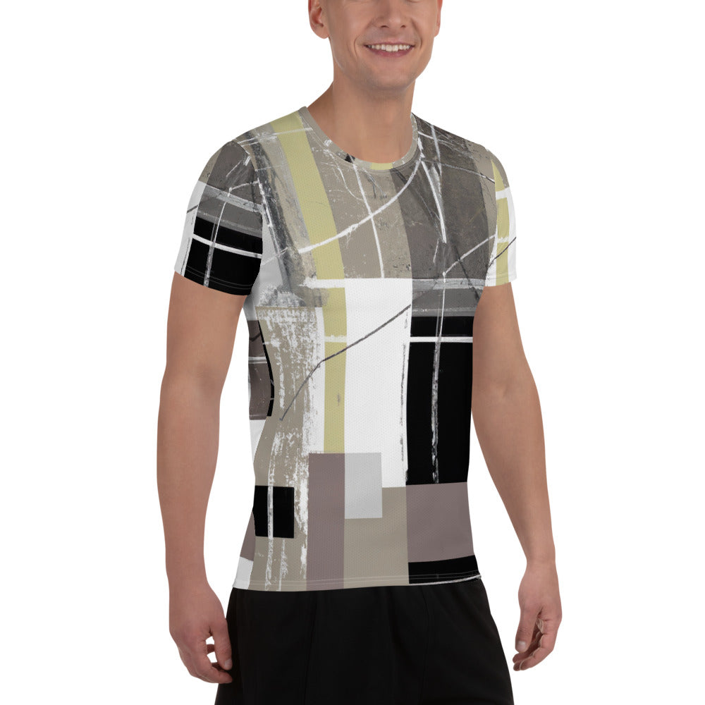 Men's Stretch Fit Athletic Sports T-shirt in abstract brown geometric design, showcasing its snug fit and high-quality fabric.