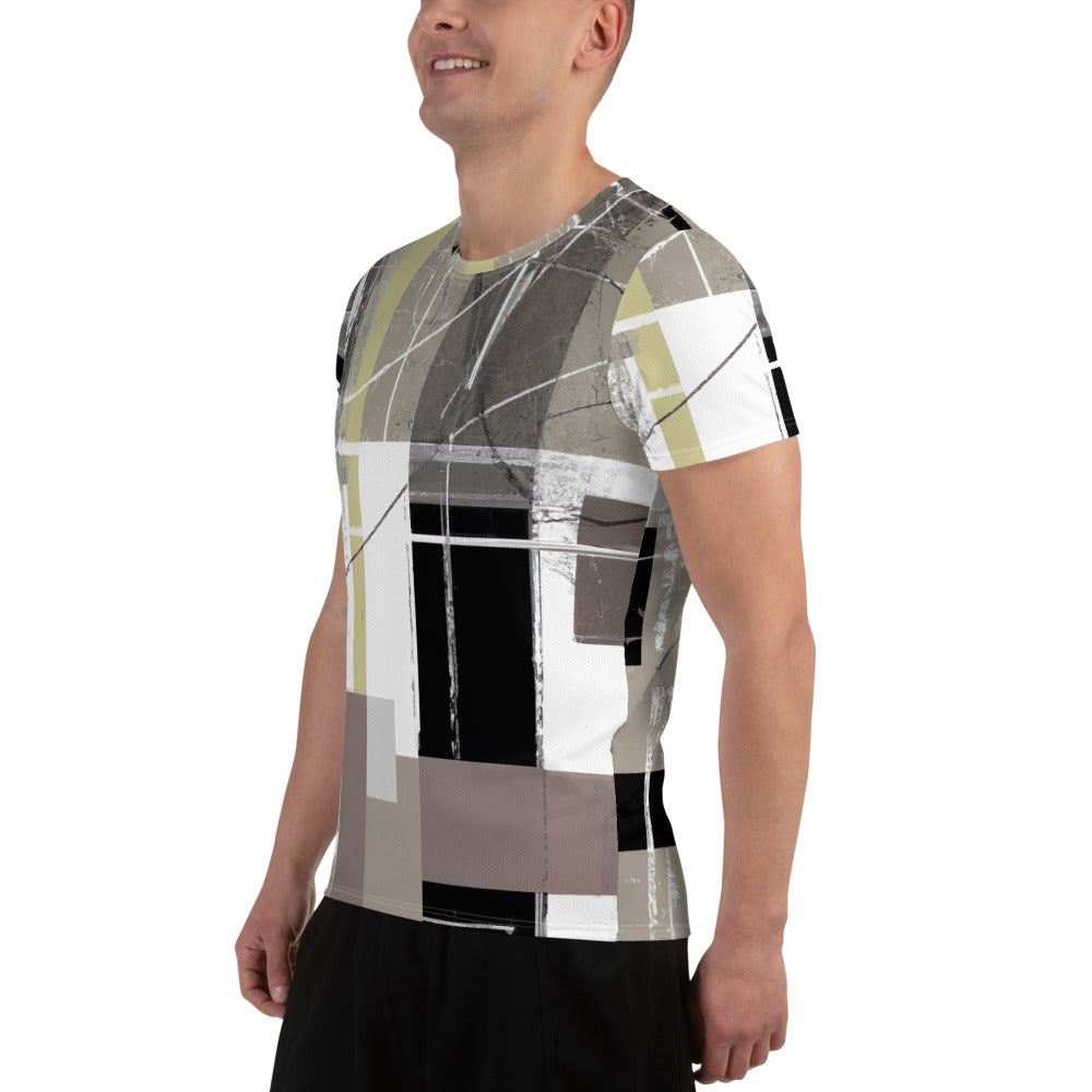 Men's Stretch Fit Athletic Sports T-shirt in abstract brown geometric design, showcasing its snug fit and high-quality fabric.