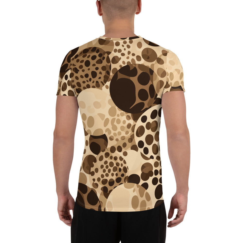 Men's Stretch Fit Athletic Sports T-shirt in beige and brown spotted print, showcasing its soft fabric and athletic design.