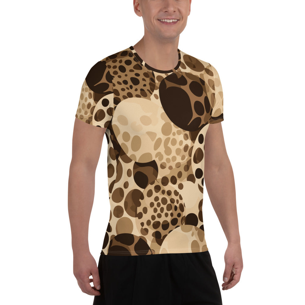 Men's Stretch Fit Athletic Sports T-shirt in beige and brown spotted print, showcasing its soft fabric and athletic design.