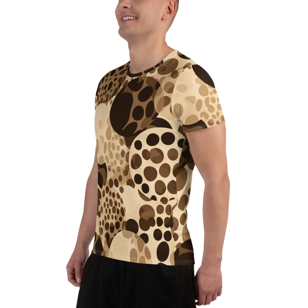 Men's Stretch Fit Athletic Sports T-shirt in beige and brown spotted print, showcasing its soft fabric and athletic design.