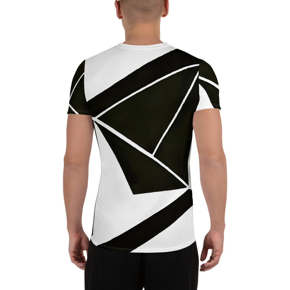Men's Stretch Fit Athletic Sports T-shirt in black and white geometric pattern, showcasing its flexible fit and modern design.