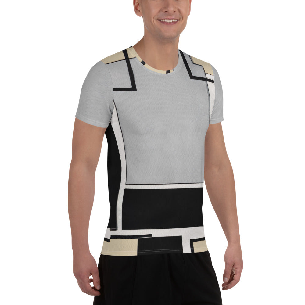 Men's Stretch Fit Athletic Sports T-shirt in black grey abstract pattern, showcasing its flexible fit and moisture-wicking fabric.