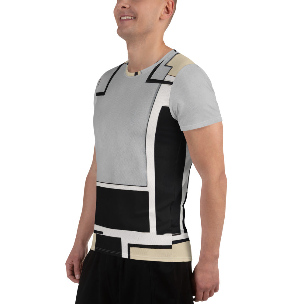 Men's Stretch Fit Athletic Sports T-shirt in black grey abstract pattern, showcasing its flexible fit and moisture-wicking fabric.