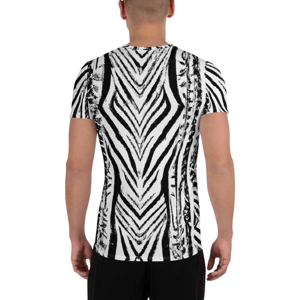 Men's black and white native print athletic sports t-shirt, showcasing a stretch fit design for optimal performance.