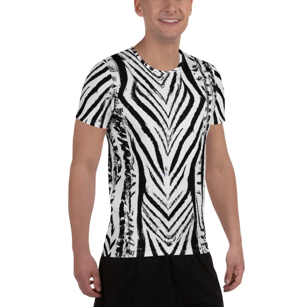 Men's black and white native print athletic sports t-shirt, showcasing a stretch fit design for optimal performance.