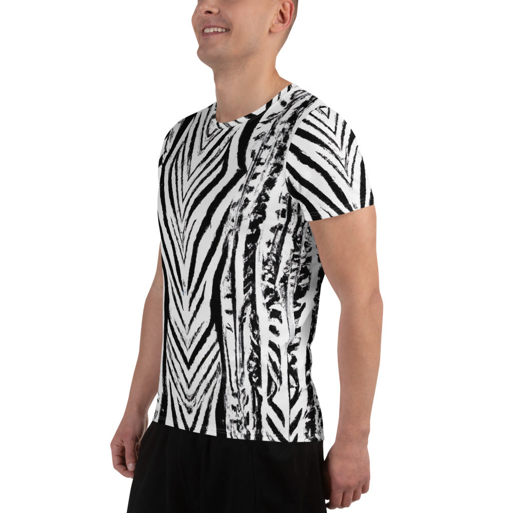 Men's black and white native print athletic sports t-shirt, showcasing a stretch fit design for optimal performance.