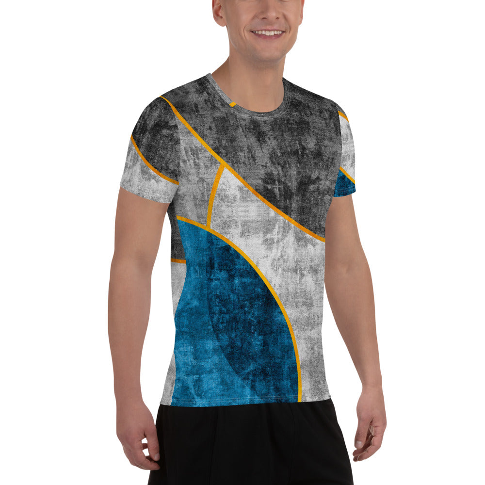 Men's Stretch Fit Athletic Sports T-shirt in Blue Grey design, showcasing its soft fabric and athletic fit, ideal for workouts.