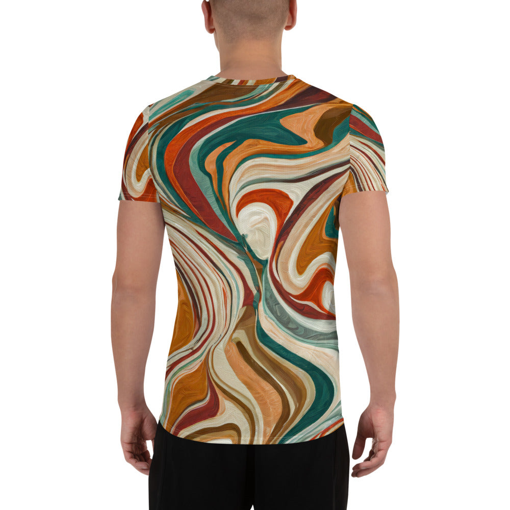 Men's Stretch Fit Athletic Sports T-shirt in Boho Brown Marble Print, showcasing its flexible fit and stylish design.