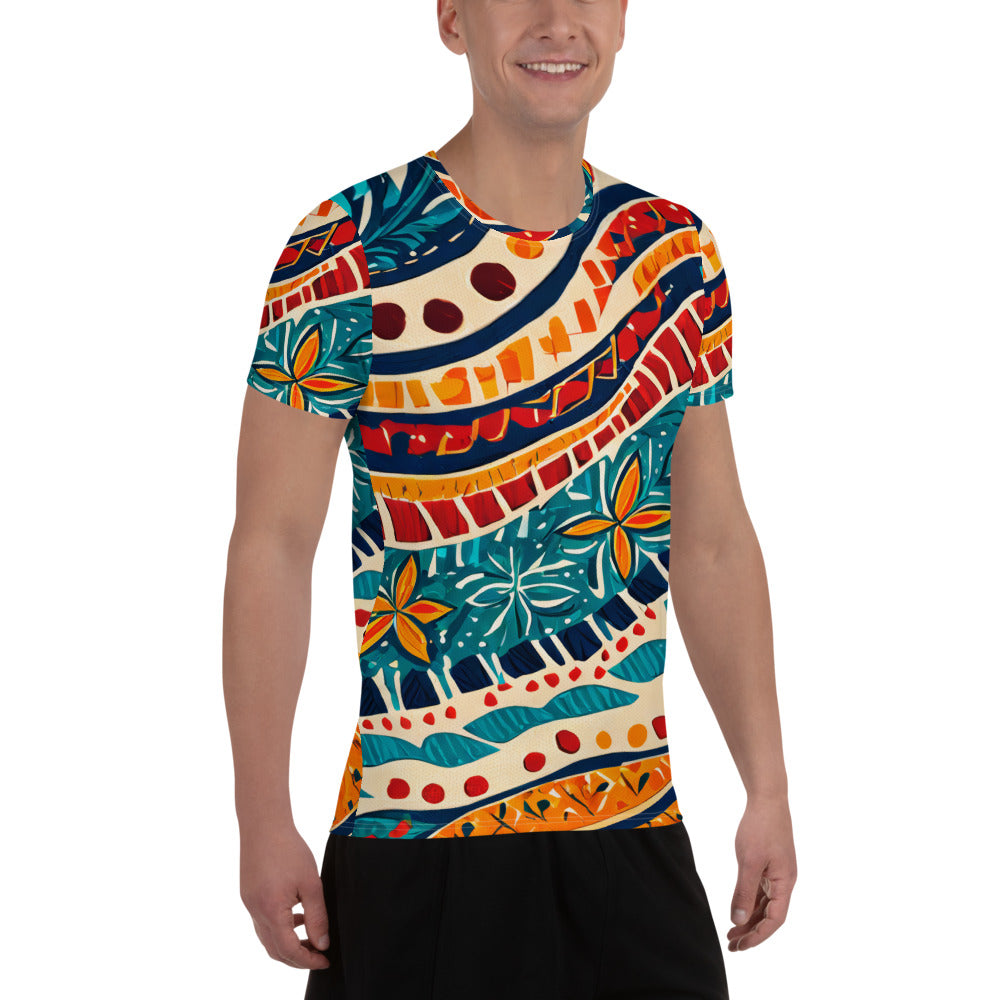 Men's Stretch Fit Athletic Sports T-shirt featuring a vibrant Boho floral print, designed for comfort and performance during workouts.