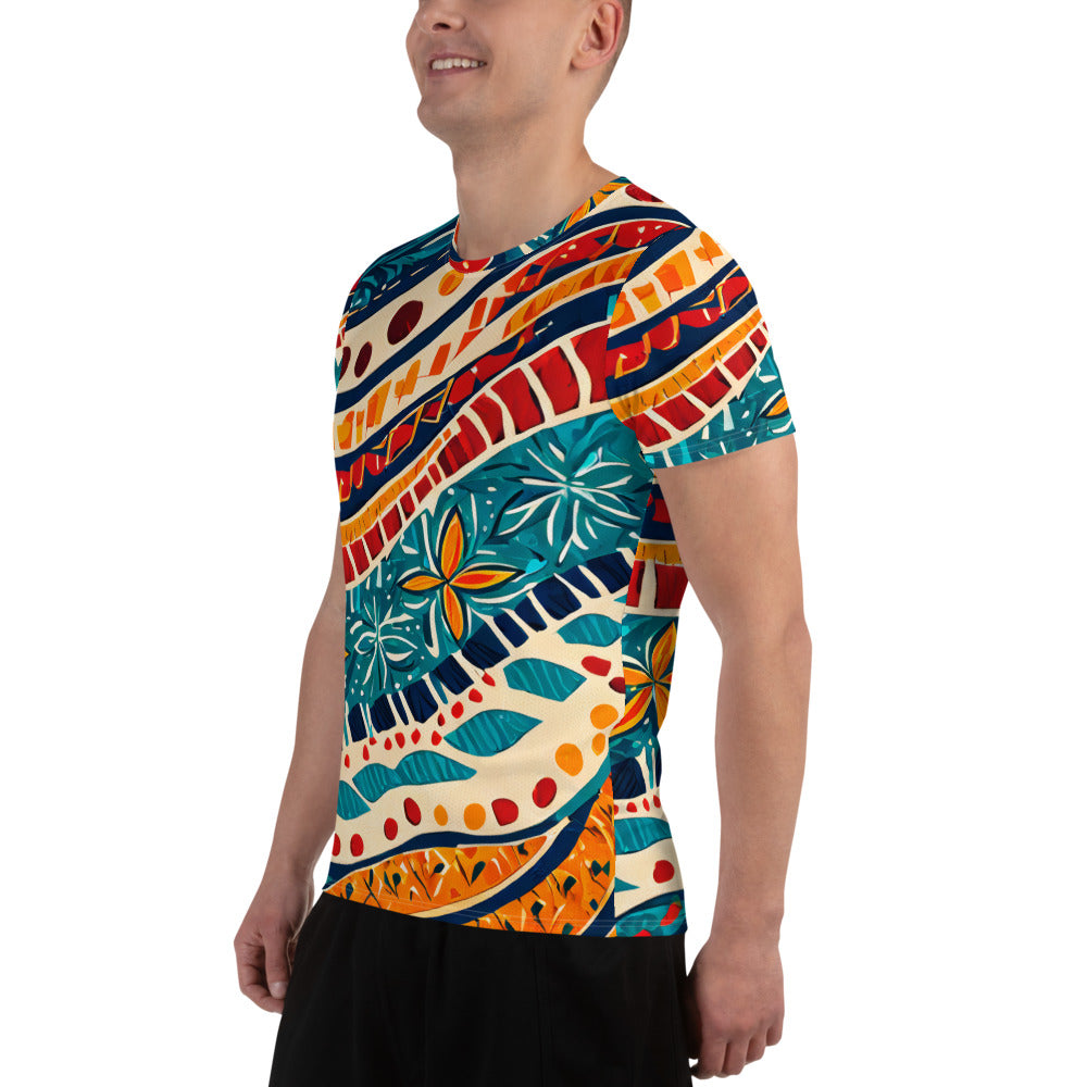 Men's Stretch Fit Athletic Sports T-shirt featuring a vibrant Boho floral print, designed for comfort and performance during workouts.
