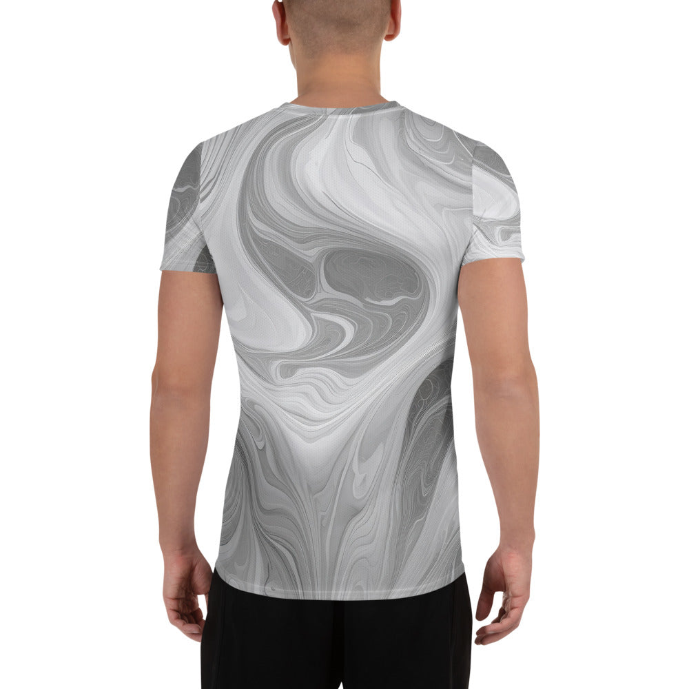 Men's Stretch Fit Athletic Sports T-shirt in white and grey Boho Marble Pattern, showcasing a comfortable fit and stylish design.