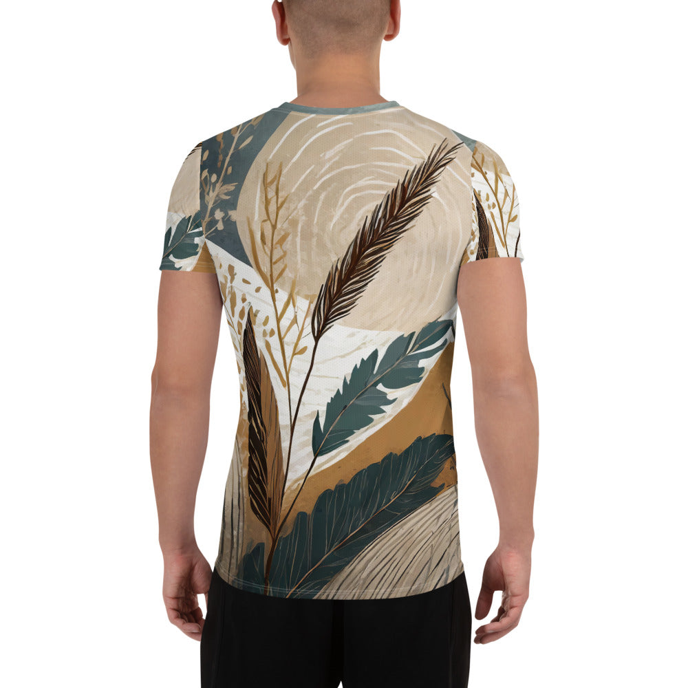 Men's Stretch Fit Athletic Sports T-shirt in Boho style print, showcasing its flexible fit and moisture-wicking fabric, ideal for workouts.