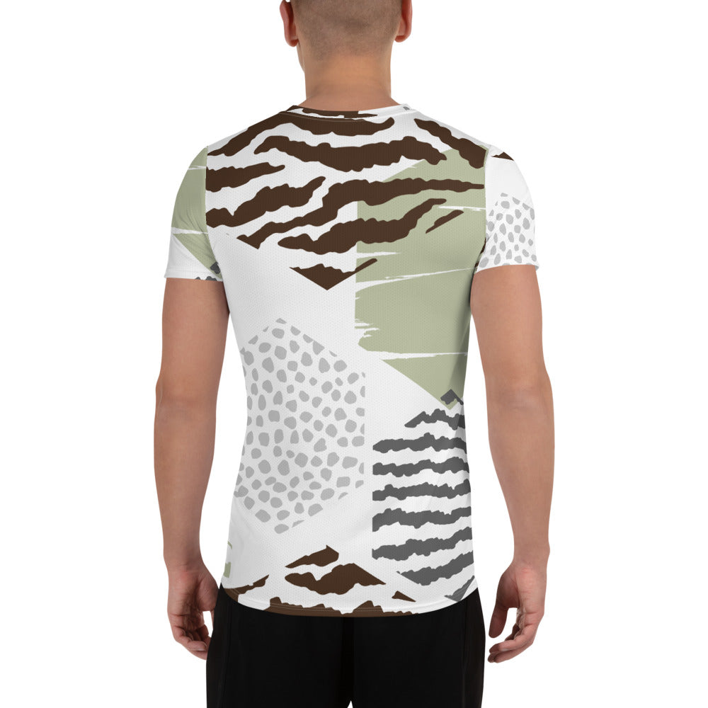 Men's Stretch Fit Athletic Sports T-shirt in brown, green, and grey geometric pattern, showcasing its athletic design and comfortable fit.