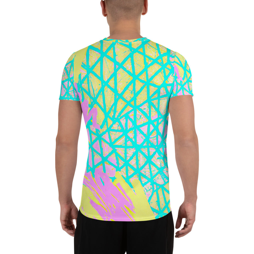Men's Stretch Fit Athletic Sports T-shirt in cyan blue and lime green with pink pattern, showcasing its comfortable fit and high-quality fabric.