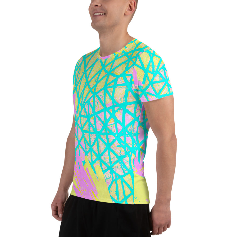 Men's Stretch Fit Athletic Sports T-shirt in cyan blue and lime green with pink pattern, showcasing its comfortable fit and high-quality fabric.