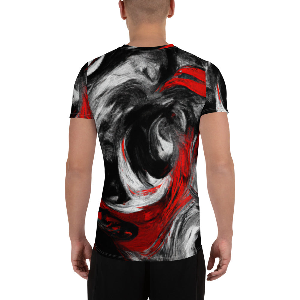 Men's Stretch Fit Athletic Sports T-shirt in black, red, and white with an abstract seamless pattern, designed for optimal performance and comfort.