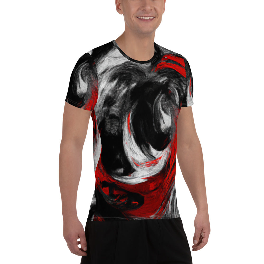Men's Stretch Fit Athletic Sports T-shirt in black, red, and white with an abstract seamless pattern, designed for optimal performance and comfort.