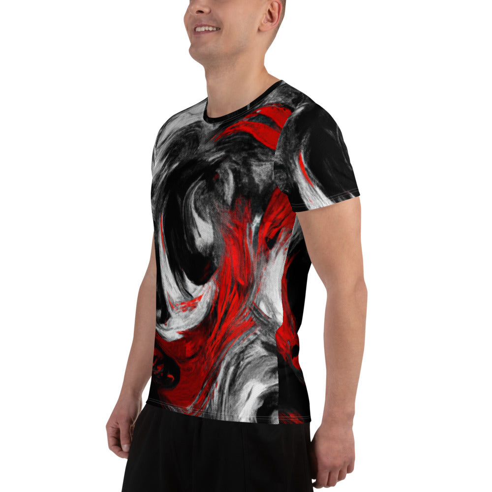 Men's Stretch Fit Athletic Sports T-shirt in black, red, and white with an abstract seamless pattern, designed for optimal performance and comfort.