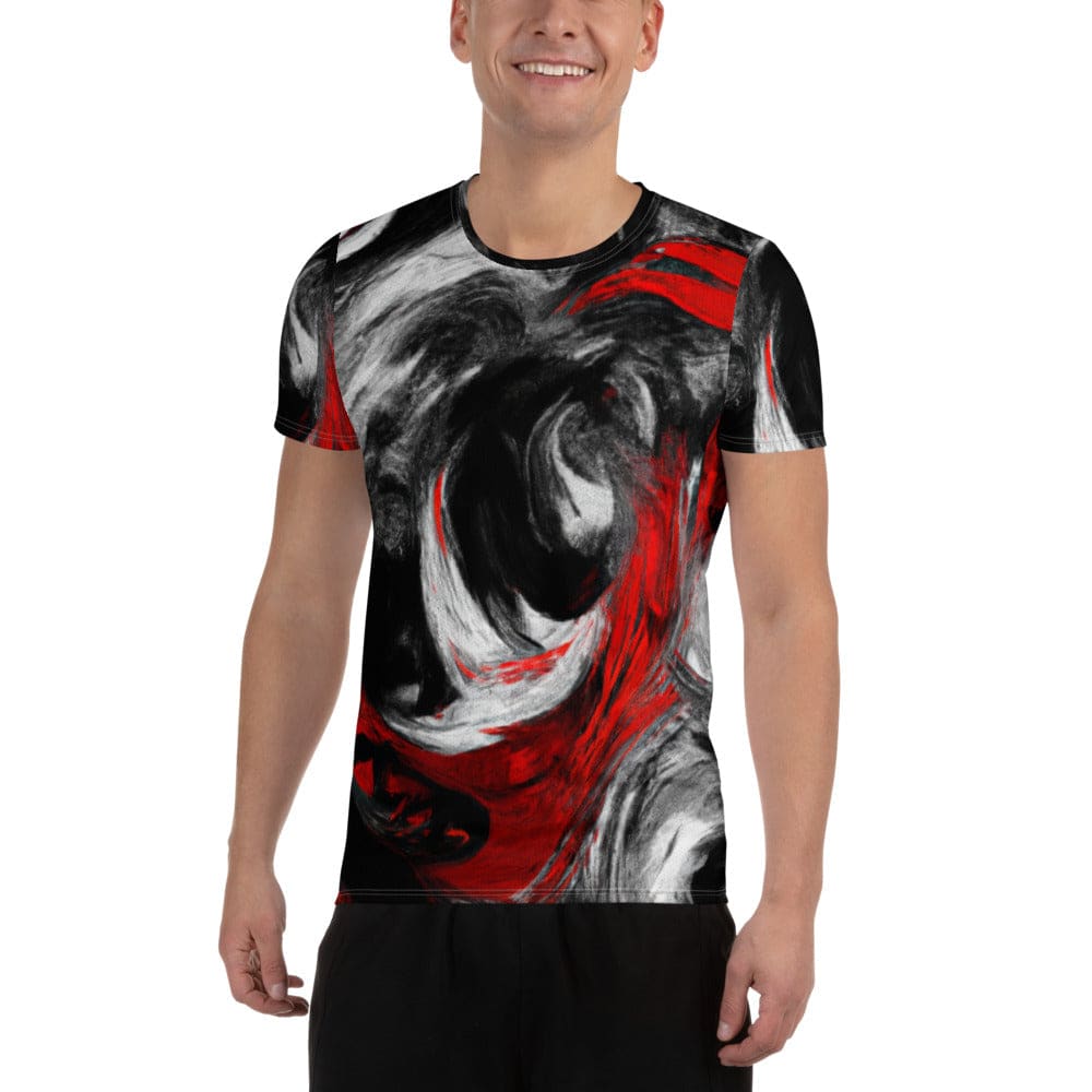 Men's Stretch Fit Athletic Sports T-shirt in black, red, and white with an abstract seamless pattern, designed for optimal performance and comfort.