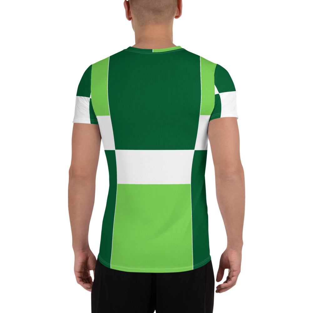 Men's Stretch Fit Athletic Sports T-shirt in Lime Forest Irish Green colorblock design, showcasing its flexible fit and moisture-wicking fabric.