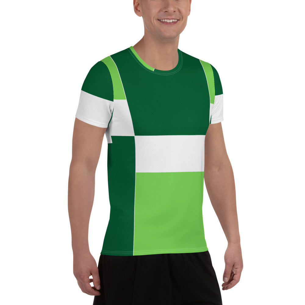 Men's Stretch Fit Athletic Sports T-shirt in Lime Forest Irish Green colorblock design, showcasing its flexible fit and moisture-wicking fabric.