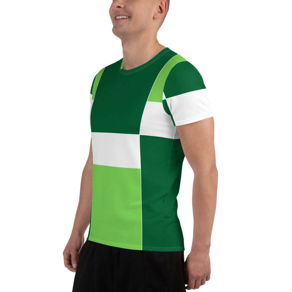 Men's Stretch Fit Athletic Sports T-shirt in Lime Forest Irish Green colorblock design, showcasing its flexible fit and moisture-wicking fabric.