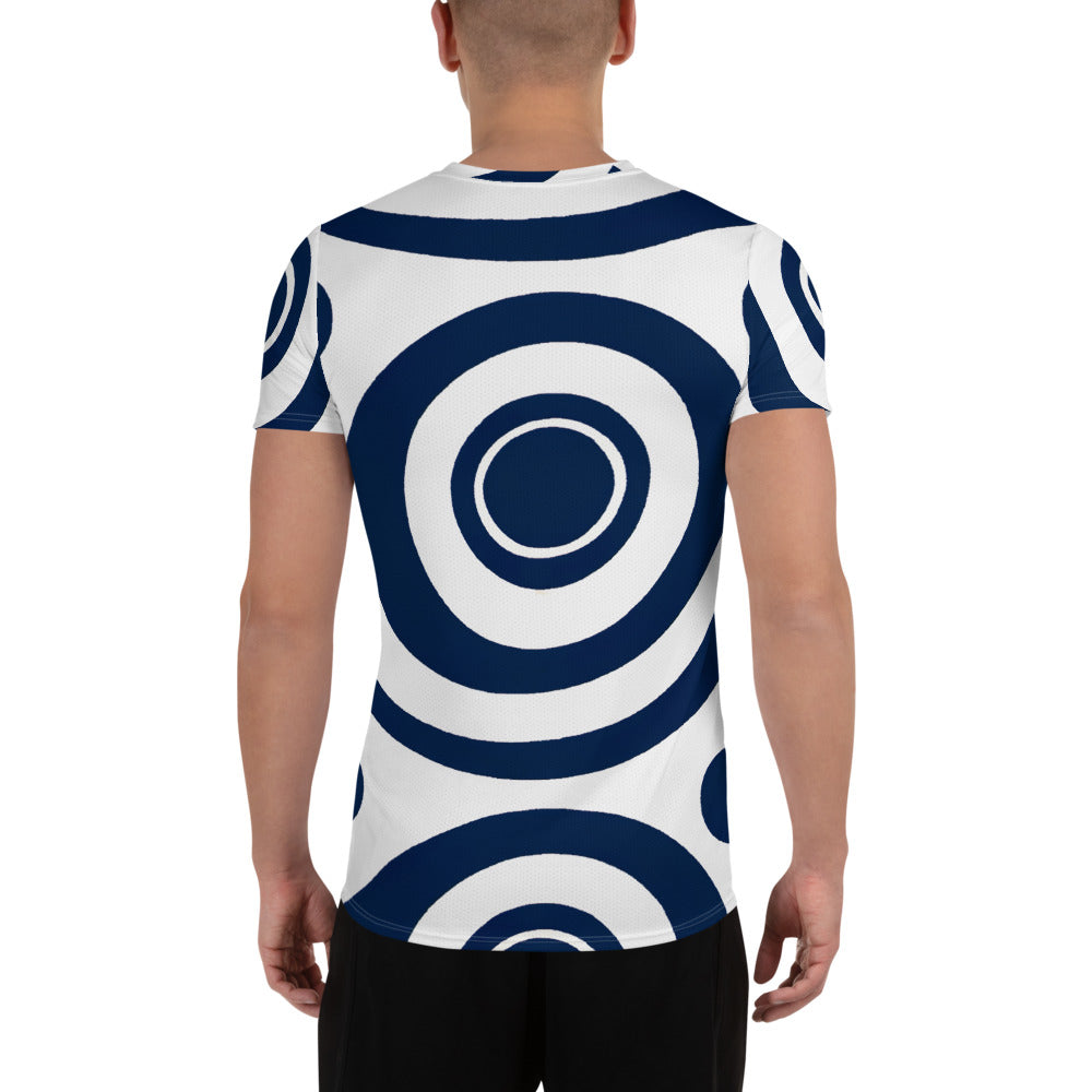 Men's Stretch Fit Athletic Sports T-shirt in Navy Blue and White with a circular pattern, designed for comfort and performance during workouts.