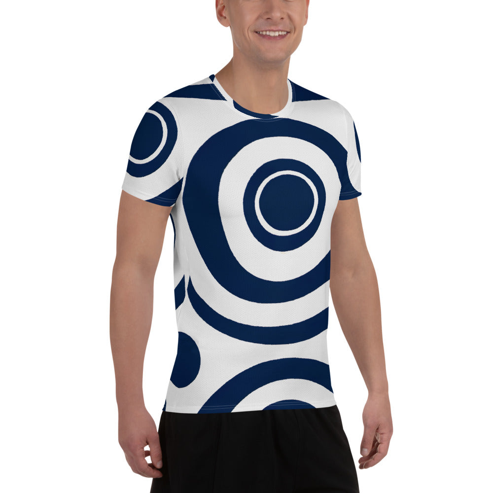 Men's Stretch Fit Athletic Sports T-shirt in Navy Blue and White with a circular pattern, designed for comfort and performance during workouts.
