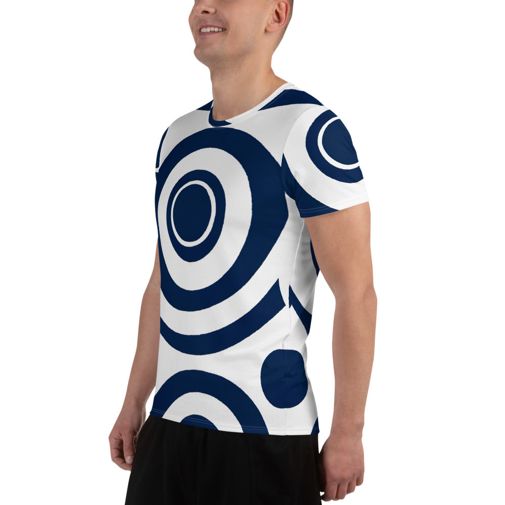 Men's Stretch Fit Athletic Sports T-shirt in Navy Blue and White with a circular pattern, designed for comfort and performance during workouts.