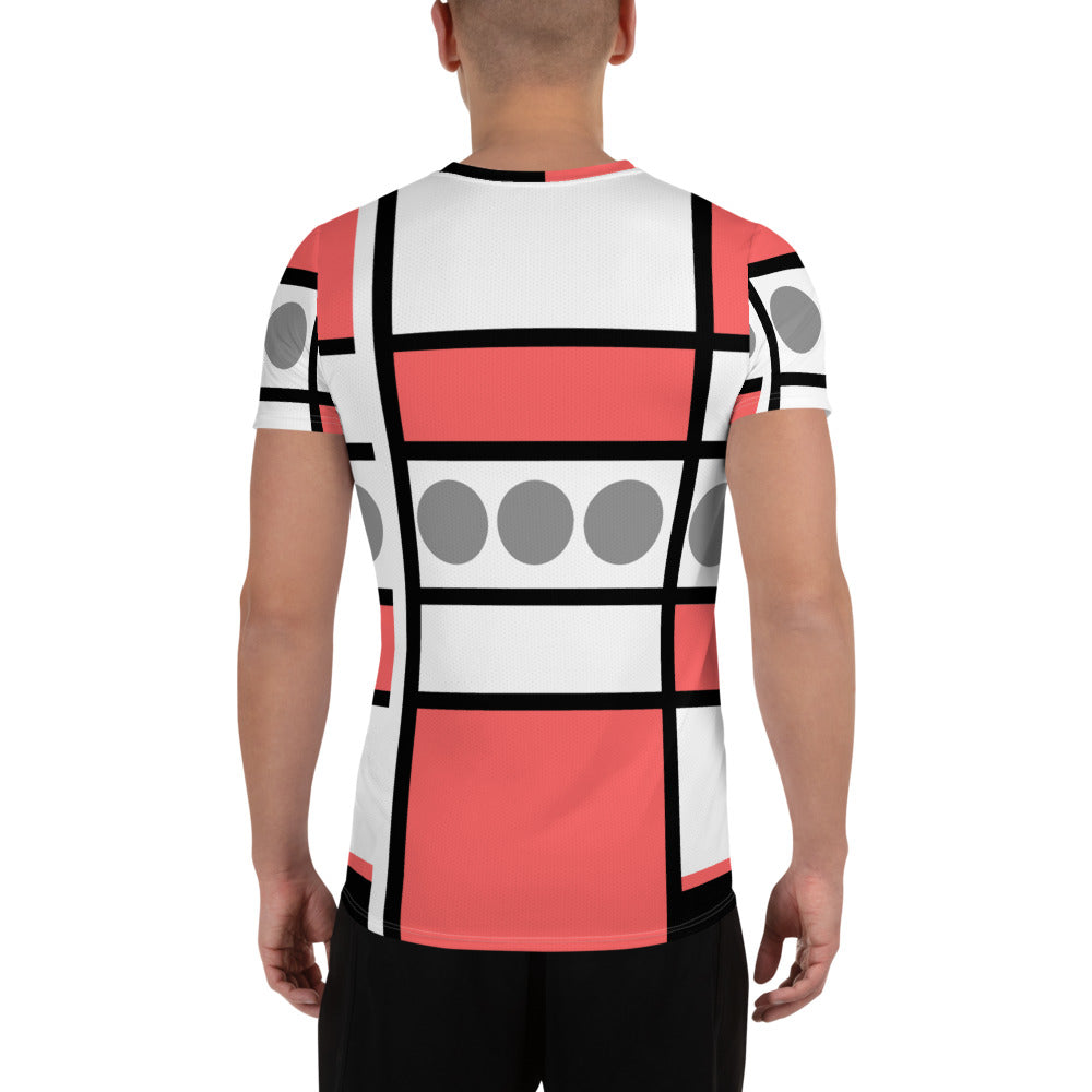 Men's Stretch Fit Athletic Sports T-shirt in Pale Red Print, showcasing its flexible fit and moisture-wicking fabric, ideal for workouts.